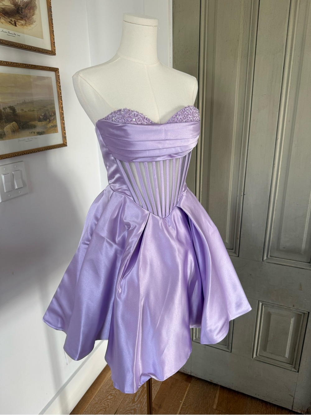 Lavender Satin Strapless Party Dress